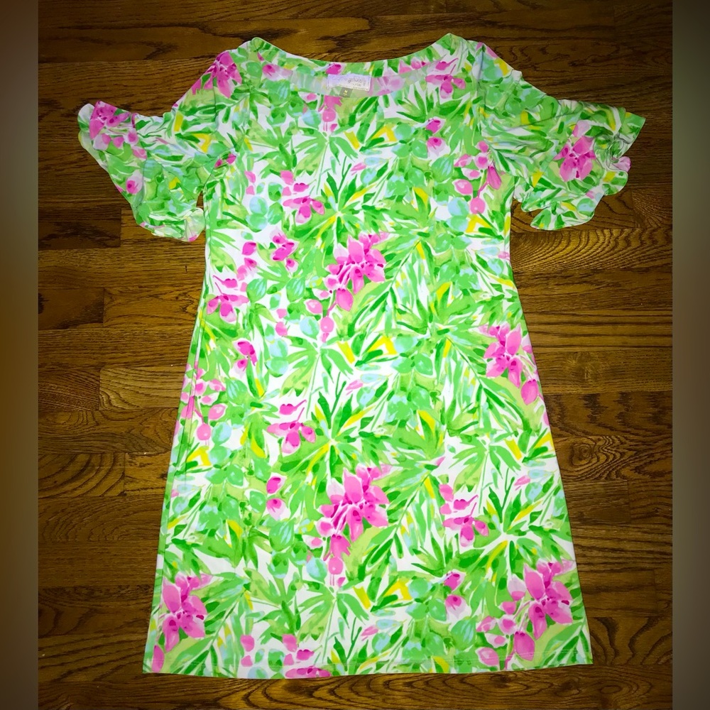Pappagallo Green and Pink Floral Ruffle sleeve dress